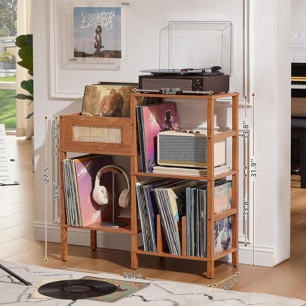 LELELINKY Record Player Stand, Brown Wood Record Holder with Vinyl Storage Ho...