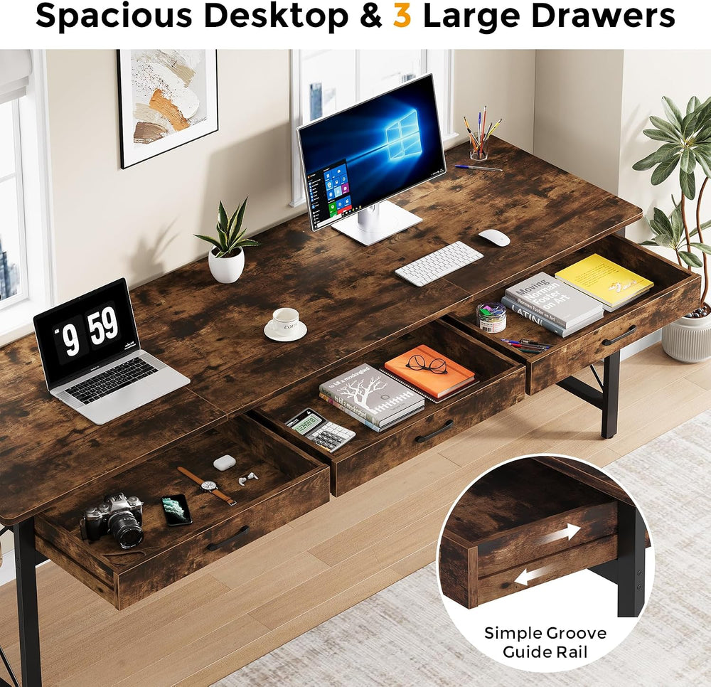 78.7 inch Extra Long Computer Desk with 3 Drawers, Brown/Black