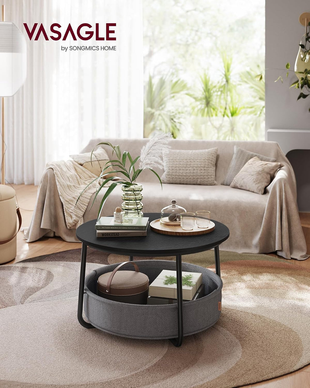 VASAGLE Round Coffee Table with Storage, Fabric Basket, Metal Frame