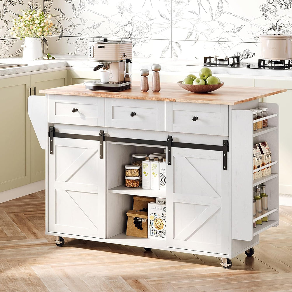VINGLI 52" W Farmhouse Kitchen Island with Storage, Sliding Doors, White