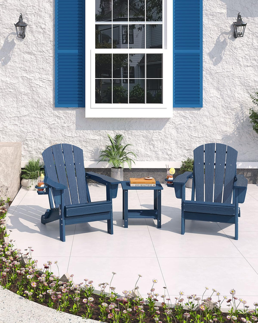 HDPE Folding Adirondack Chair Set of 2 with Side Table, Navy Blue