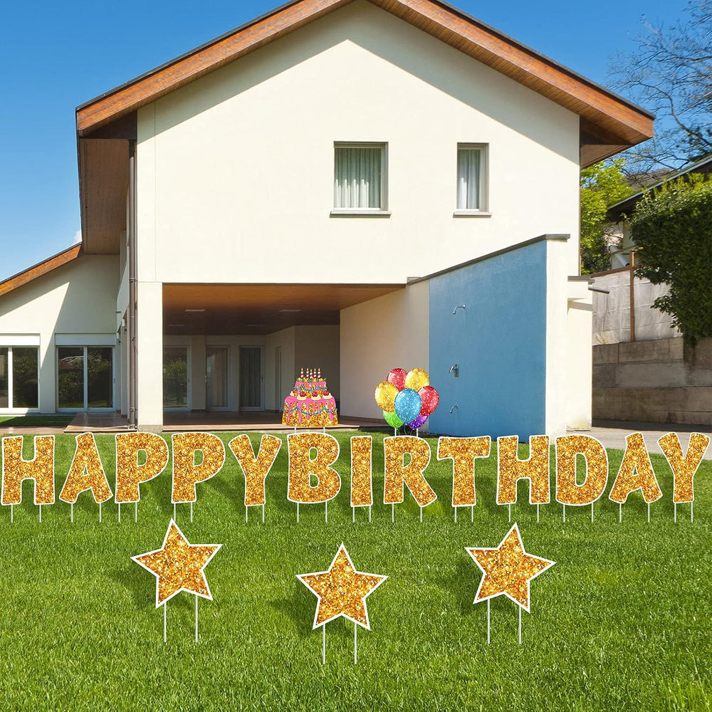 Jetec 18 Pcs Happy Birthday Yard Sign with Stakes and Light, Gold