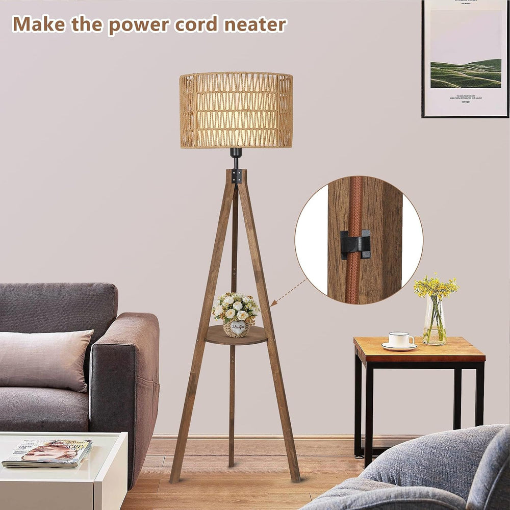 LAMSU Boho Tripod Floor Lamps for Living Room, Rattan Wood Floor Lamp with Fa...