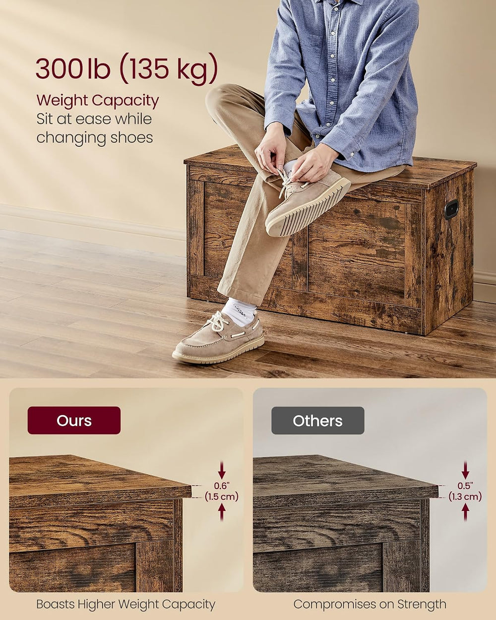 VASAGLE Storage Chest with 2 Safety Hinges, 15.7 x 31.5 x 18.3 Inches