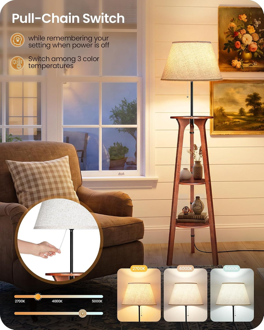 3 Tier Shelf Floor Lamps, Wood Tripod Floor Lamp, Linen Lampshade