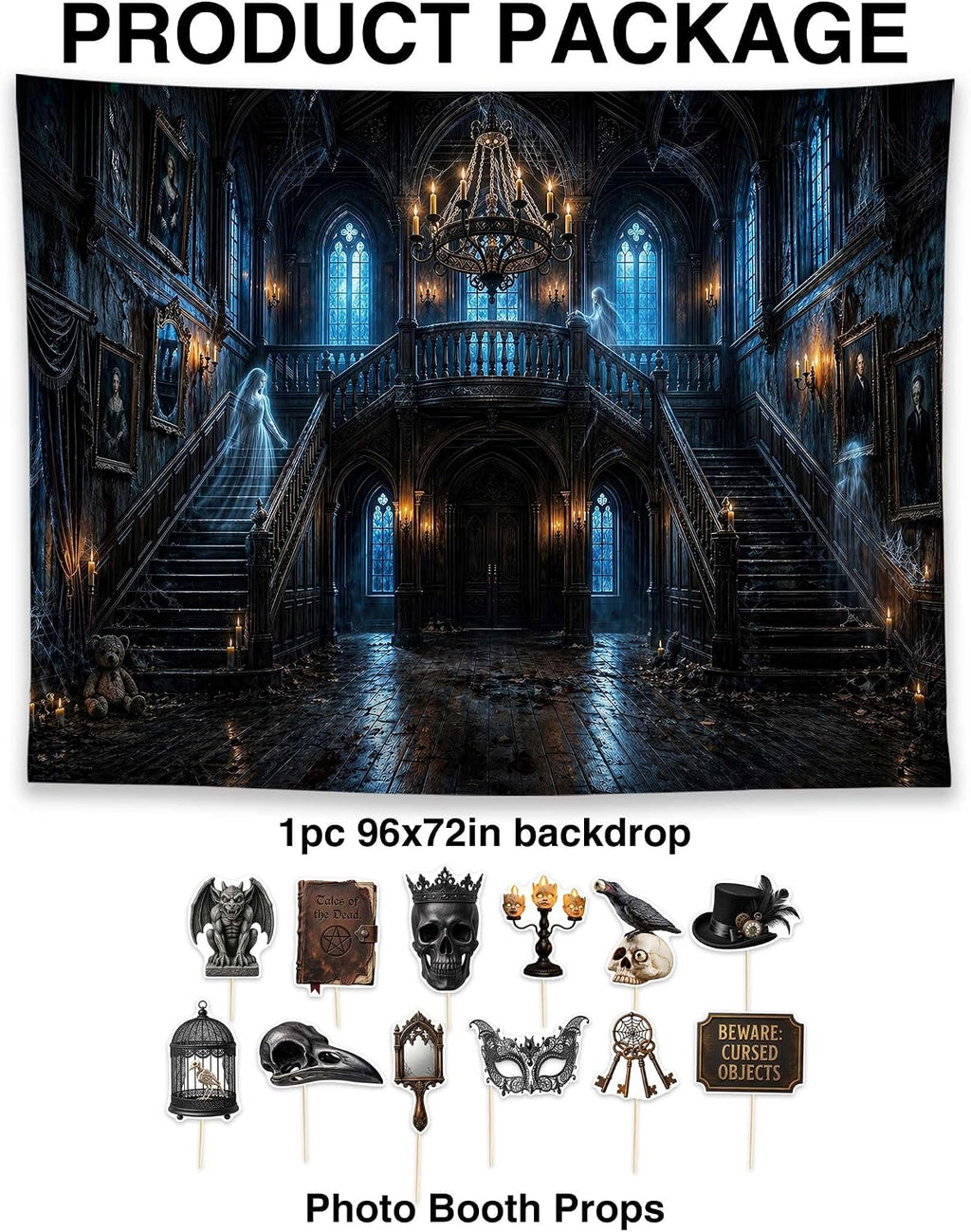 Allenjoy 96" x 72" Halloween Mansion Photography Backdrop with Photo Booth Props, Party Decorations, Supplies and Favors