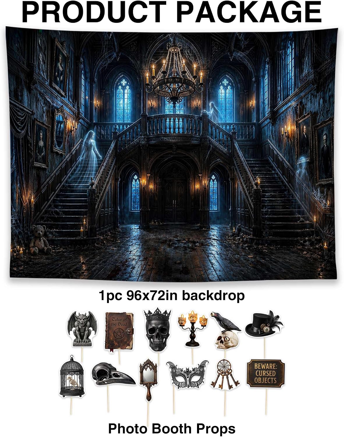 Allenjoy 96" x 72" Halloween Mansion Photography Backdrop with Photo Booth Props, Party Decorations, Supplies and Favors