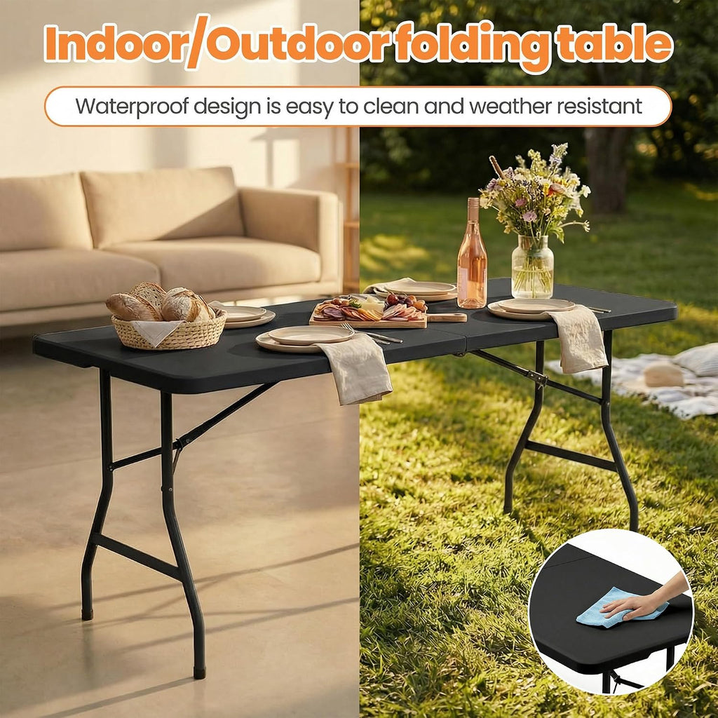 2 Pack Folding Tables 6FT Plastic Utility Foldable Tables, Black