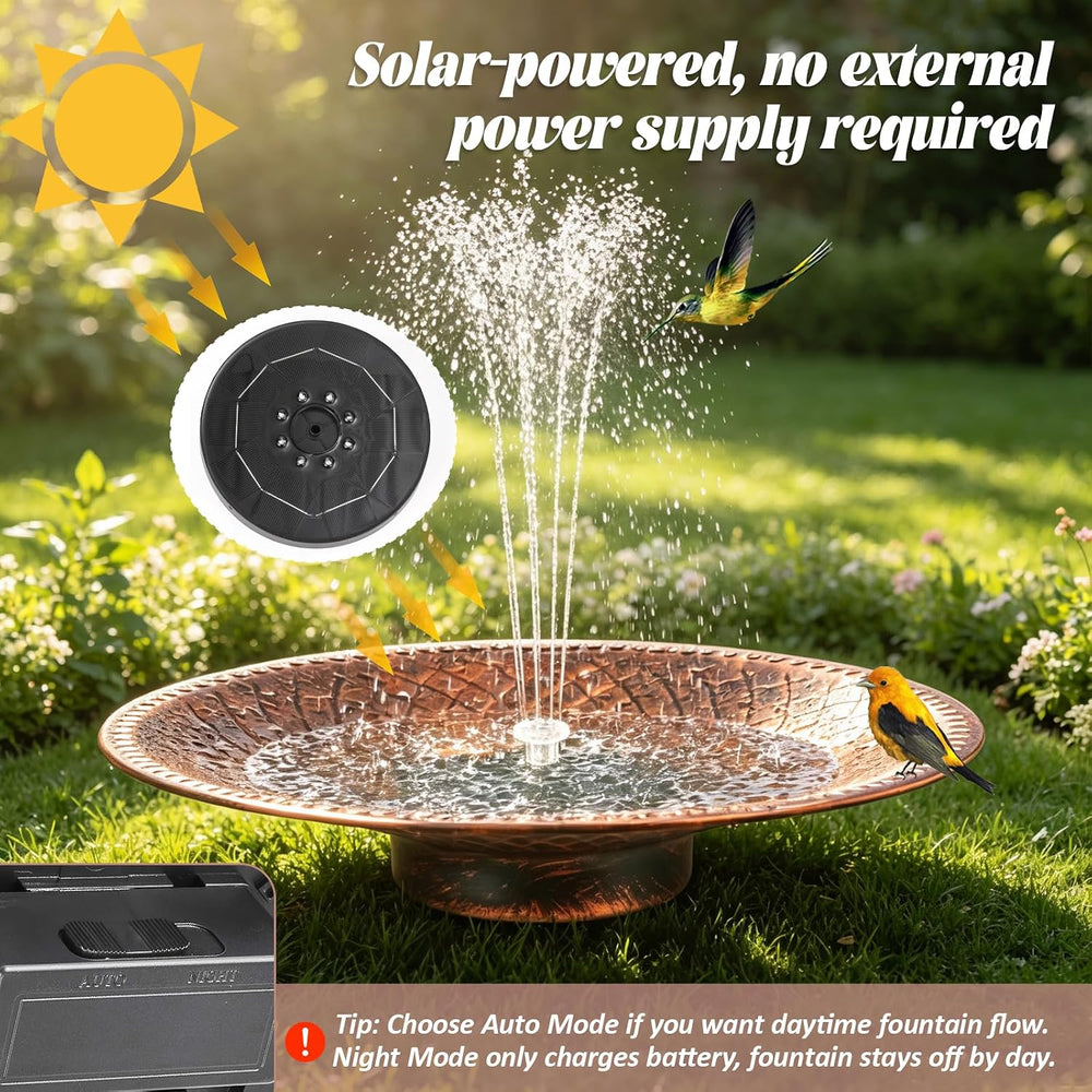 19.6" Large Bird Bath with Solar Fountain, LED & Battery Metal Birdbath