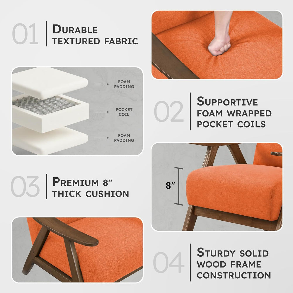 Lexicon Mid Century Modern Accent Chair with Walnut Wood Frame, Orange