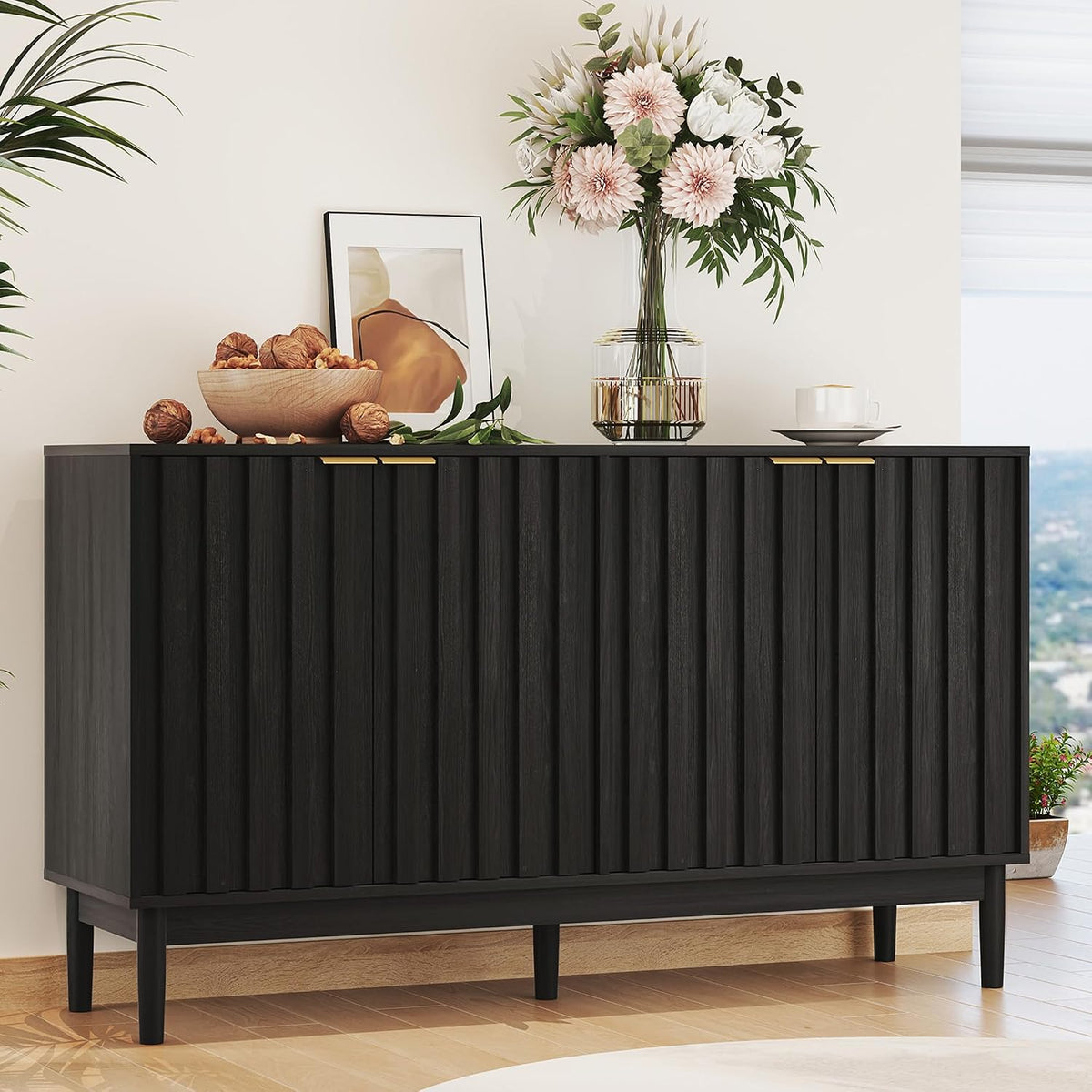 Otterease 55" Fluted Buffet Cabinet with Storage, Accent Cabinets, Black