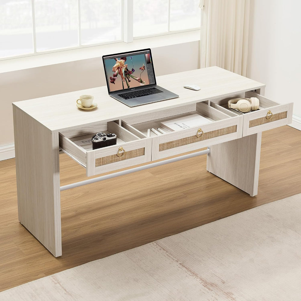 SICOTAS 60" Rattan Home Office Desk with 3 Drawers, White