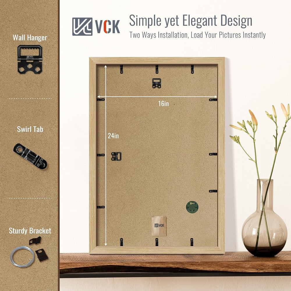 VCK 16x24 Picture Frame 5 Pack, Oak Wood, 12x18 Mat, for Wall Art