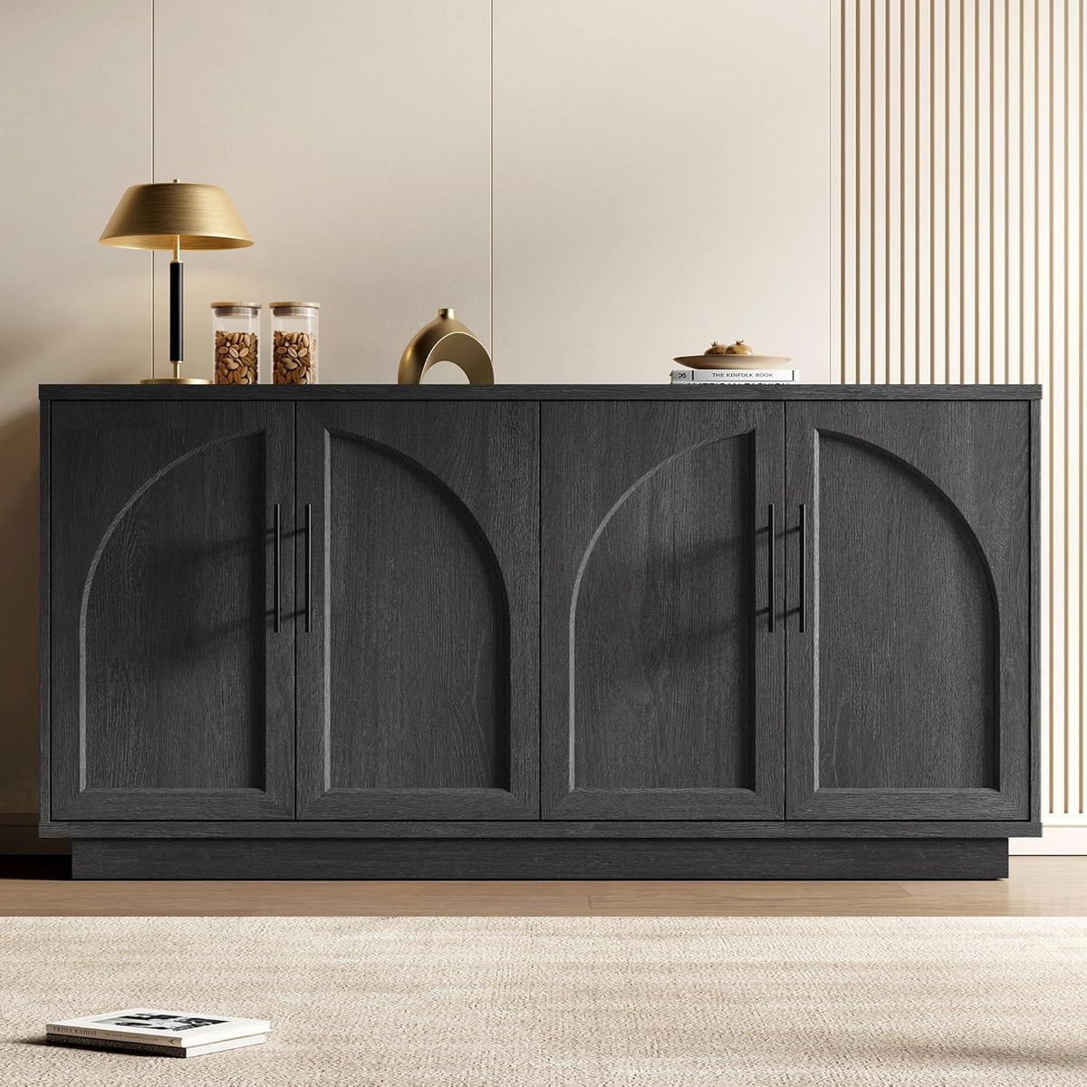 Fatmok Buffet Cabinet with Storage, 59'' Modern Arched Sideboard Cabinet w/Adjustable Shelves, Wood Media TV Console Table Credenza for Living Room Hallway Entryway, Black Grey