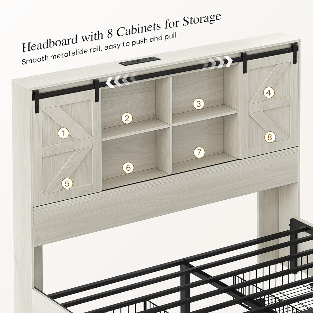DWVO Farmhouse Queen Size Bed Frame with Storage Bookcase Headboard