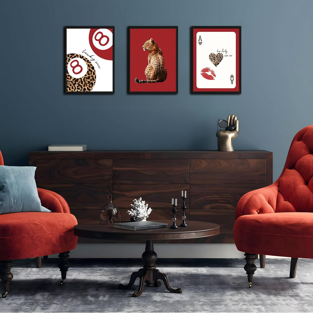 Framed Trendy Leopard Wall Art Set of 3, Red Funky Preppy Cheetah Wall Decor ...