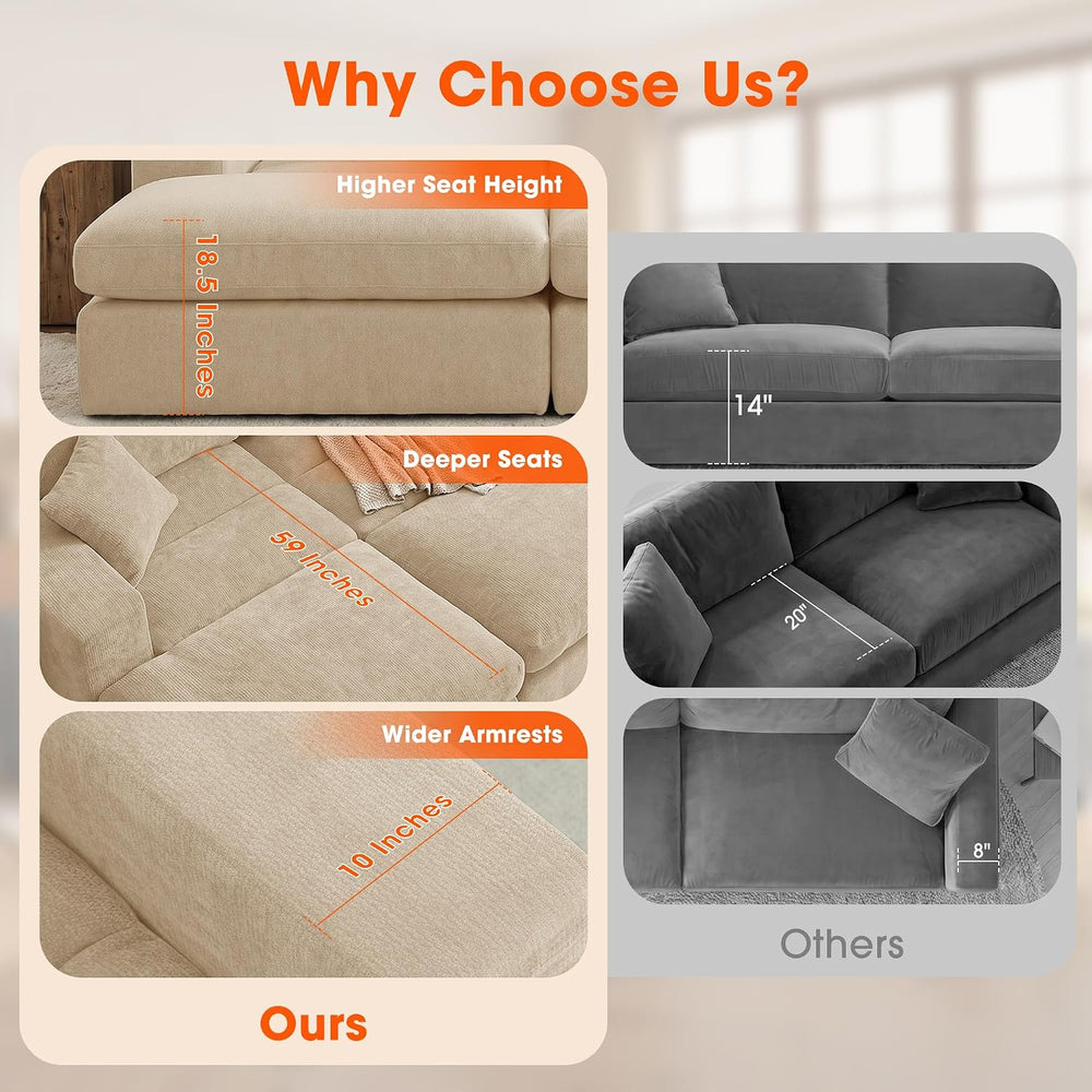 81" Oversized Double Chaise Lounge, Cloud Boneless Sofa Bed, Khaki