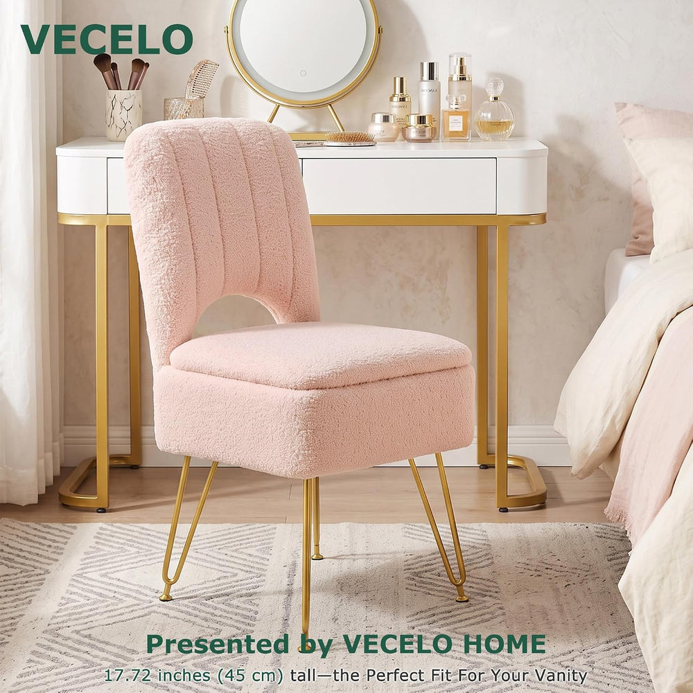 VECELO Pink Vanity Stool Chair with Storage and Folding Back, 15.75" x 1...