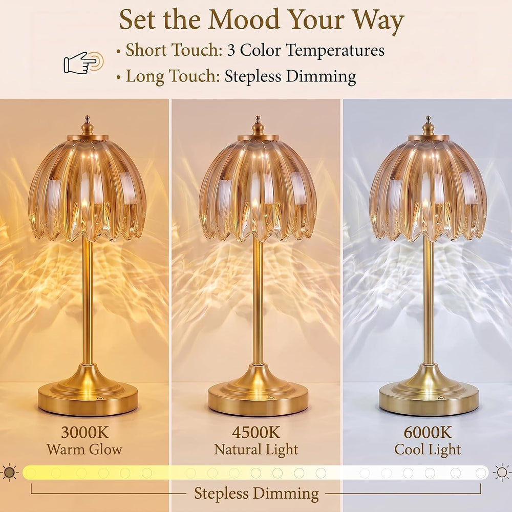 Tulip Glass Rechargeable Table Lamp, Floral Cordless Table Light(Amber)
