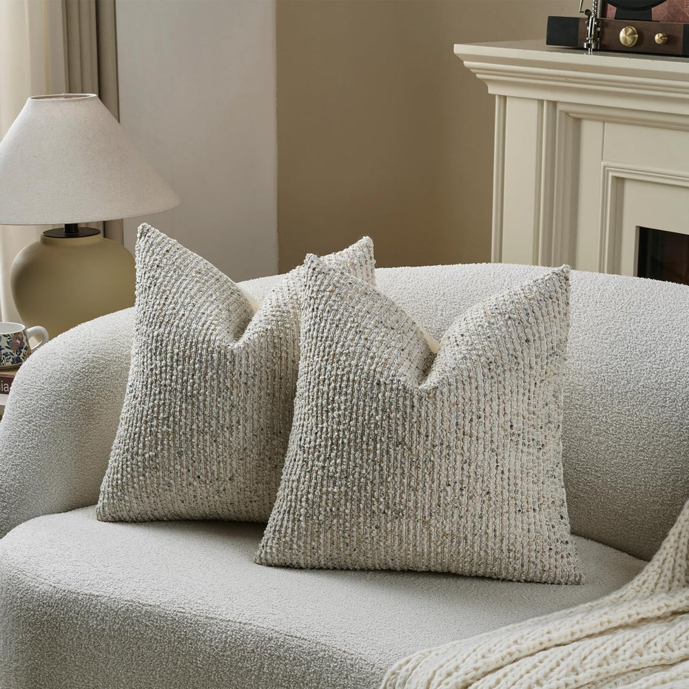 DEZENE Striped Throw Pillow Covers 18x18 Set of 2 Cream Grey Textured Boucle ...