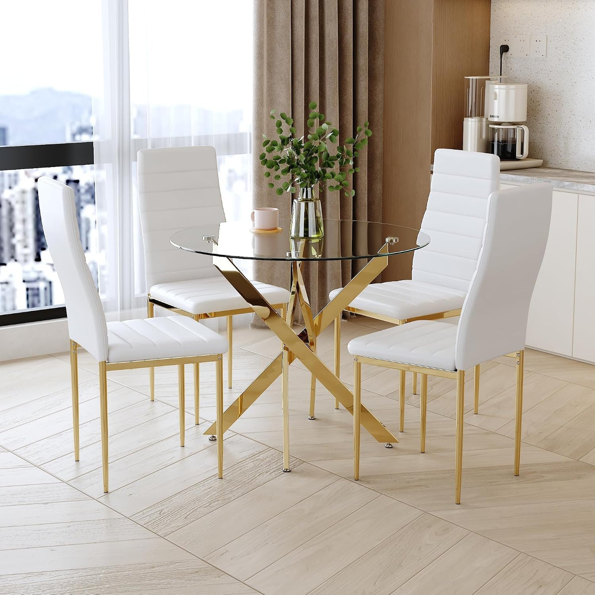 Round Tempered Glass Dining Table Set for 4, 5-Piece Modern Kitchen Table Set with 4 High-Back Upholstered Chair for Kitchen Dining Room (Gold Leg Table with Gold Leg Chairs)
