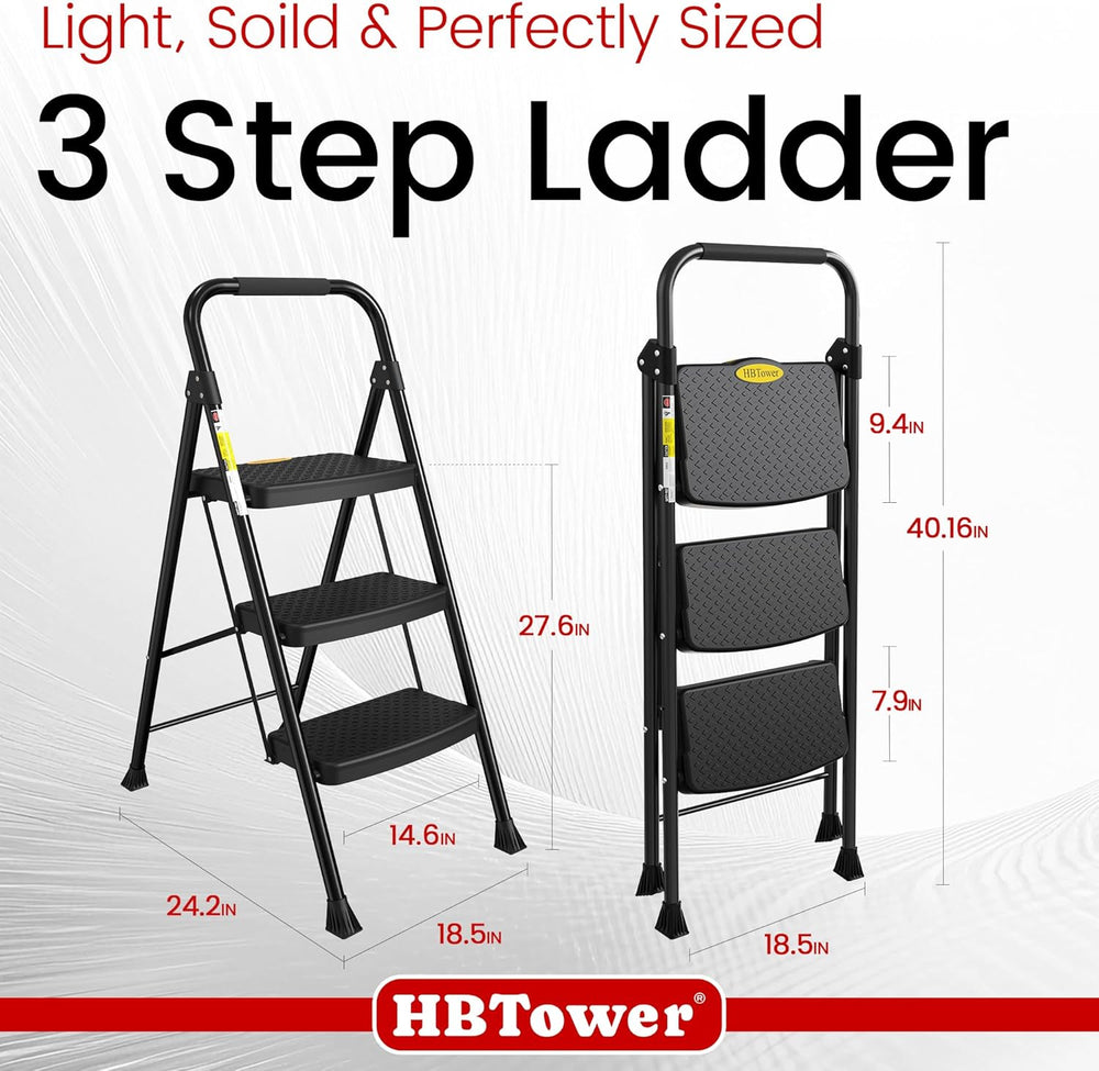 HBTower 3 Step Ladder, Step Stool Foldable with Wide Anti-Slip Pedal