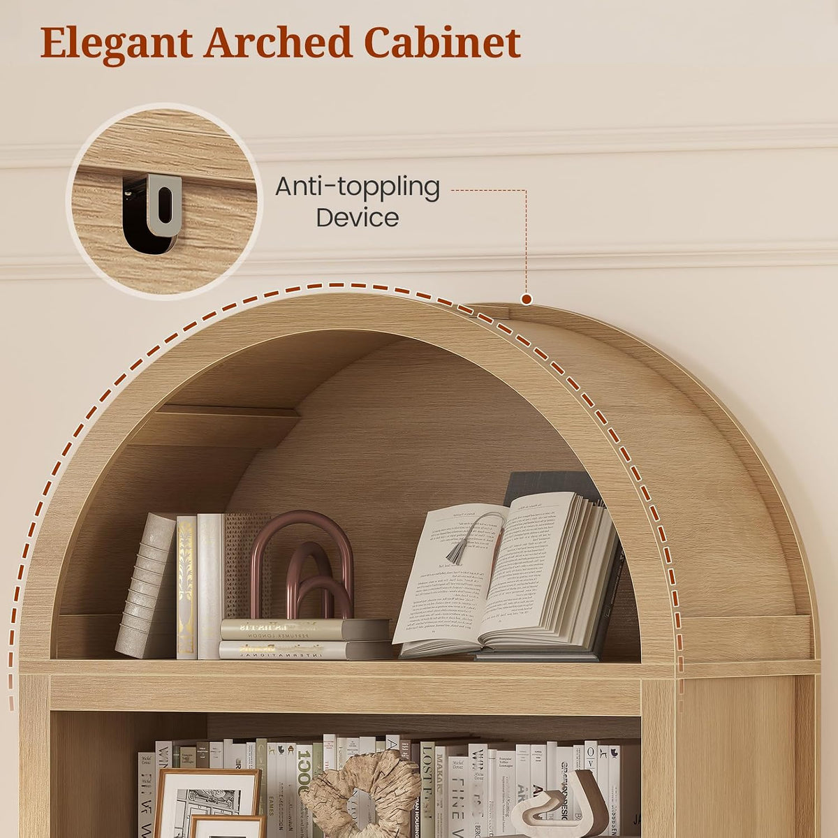84.2" Tall Arched Cabinets,Bookcase with Drawer storage,Mid-Century Modern 6-Tier Bookshelf,2 Book Risers and Adjustable Shelves offering more storage space for Living Room,Kitchen,Home Office，Oak
