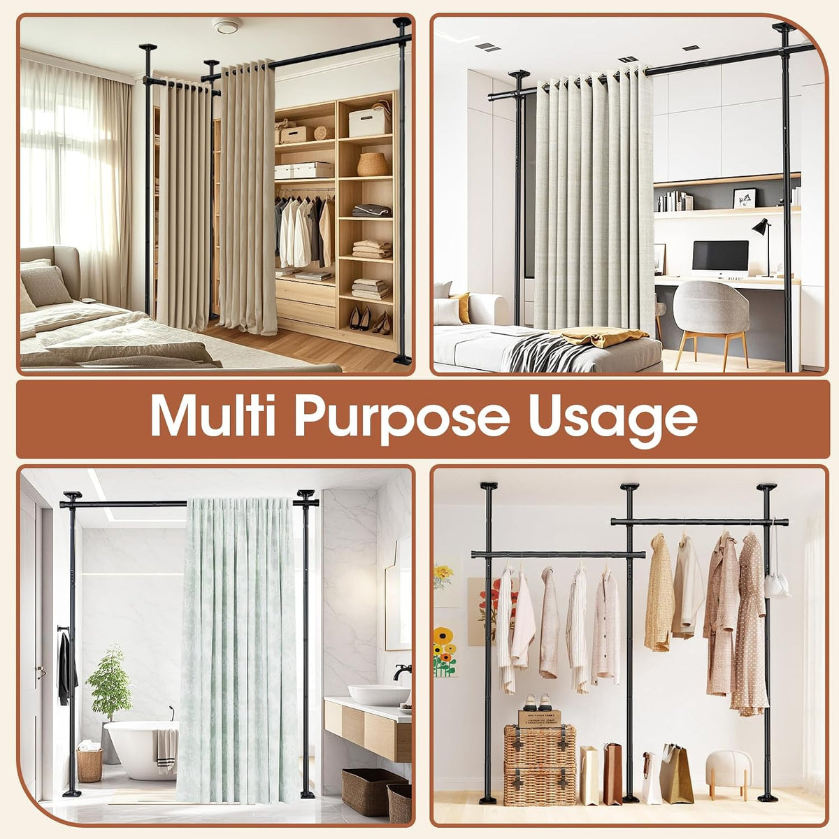 SUNALLY Room Divider for Separation 28-114in(W) Privacy Wall Divider, Black