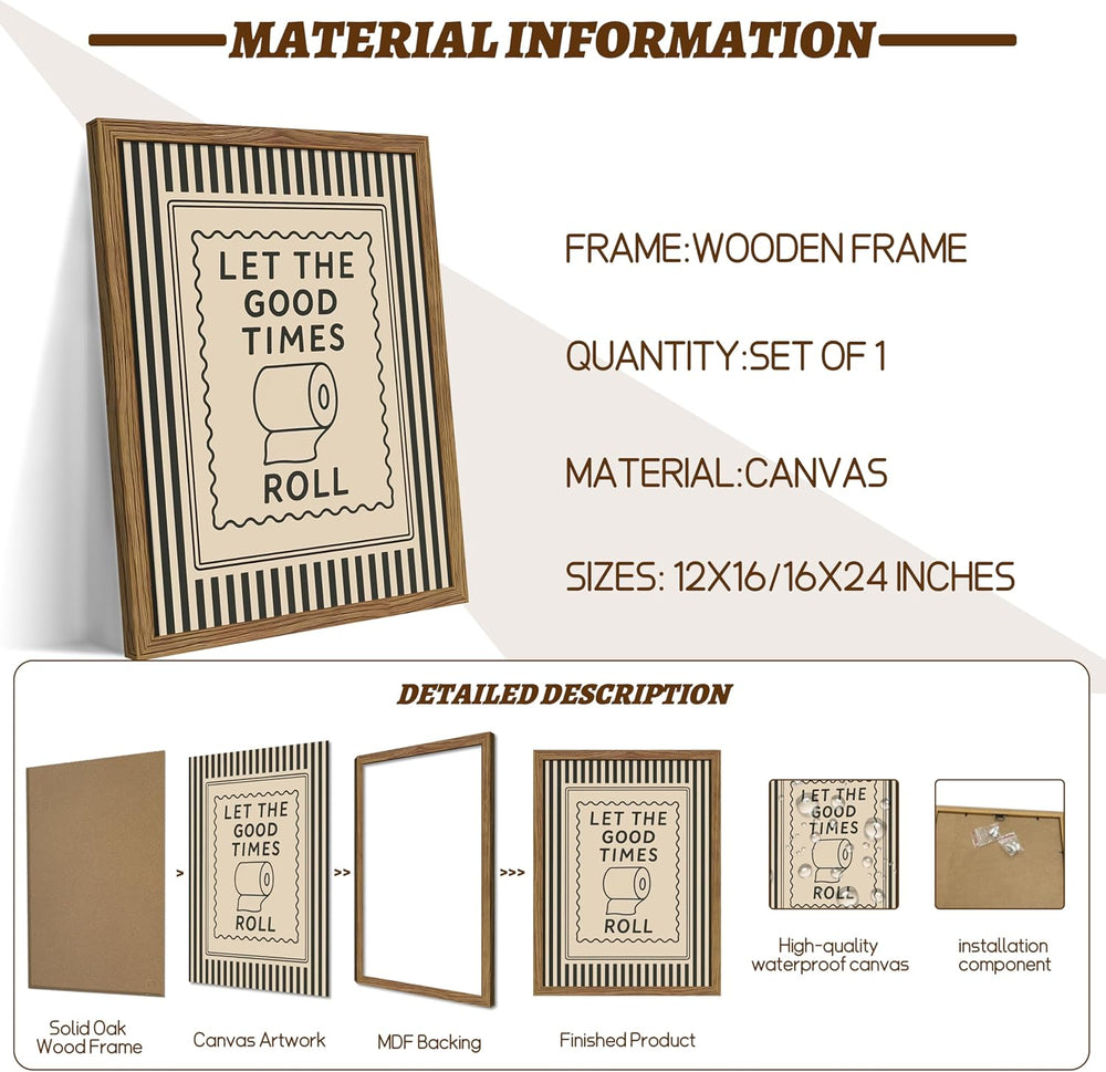 Framed Funny Bathroom Wall Art, Let The Good Times Roll Canvas Wall Decor Pai...