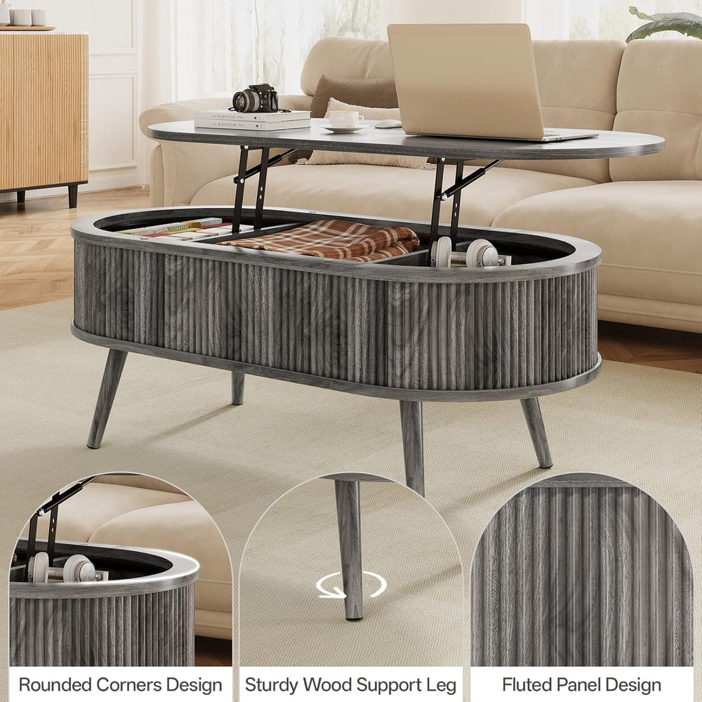 Oval Coffee Table with Storage, Fluted Modern Coffee Table with Lift Top, Sma...
