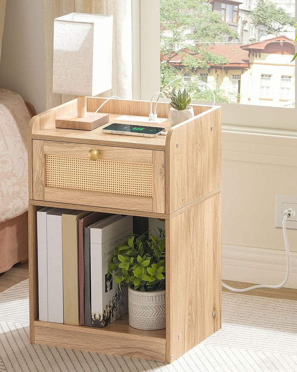 CHOEZON Nightstand with Charging Station, Side Table with Rattan-Style Drawer...