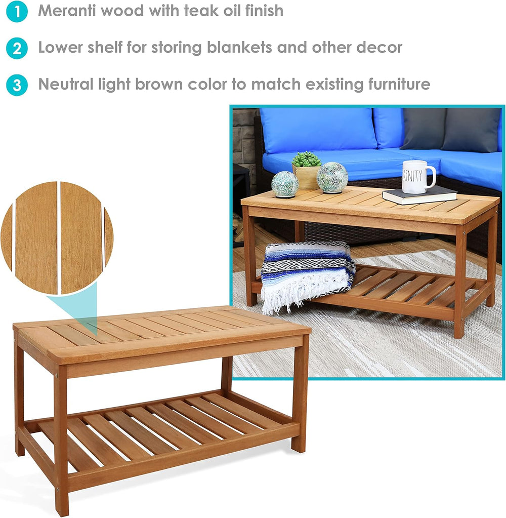 Sunnydaze Meranti Wood Patio Coffee Table with Storage, 35” W, Rectangular