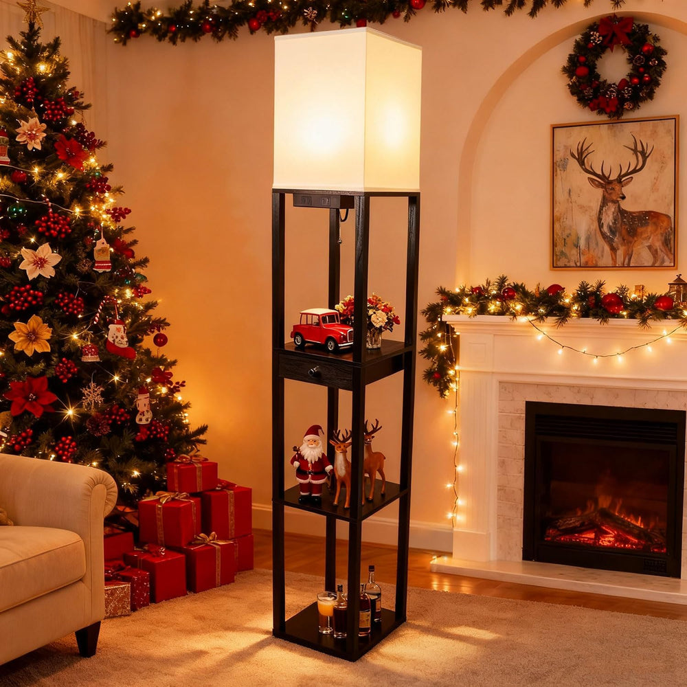 Shelf Floor Lamp with 1 Drawer,2 USB-C Ports,1 AC Outlets, Modern Wood Floor ...