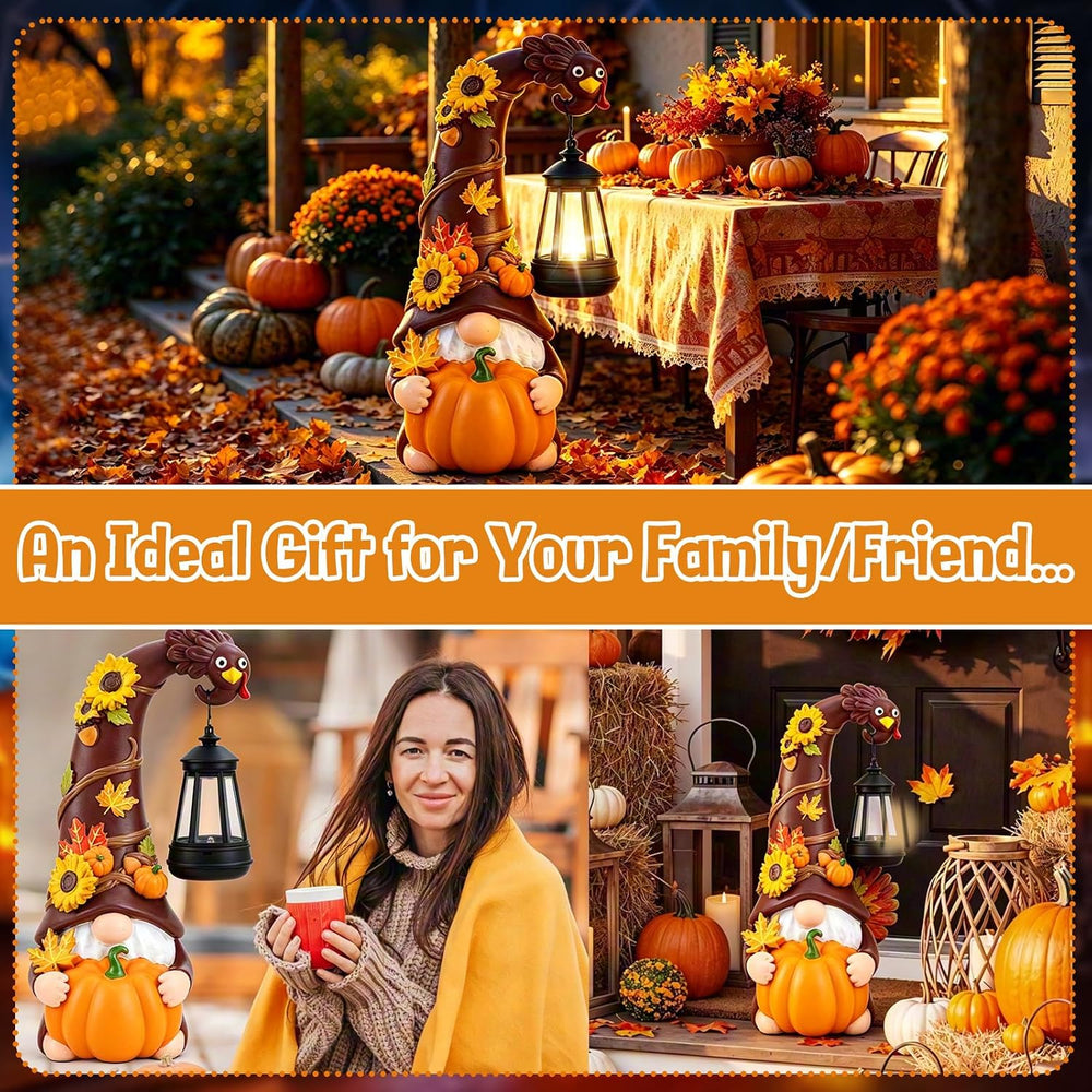Thanksgiving Fall Turkey Pumpkin Gnome Statue with Solar Lights