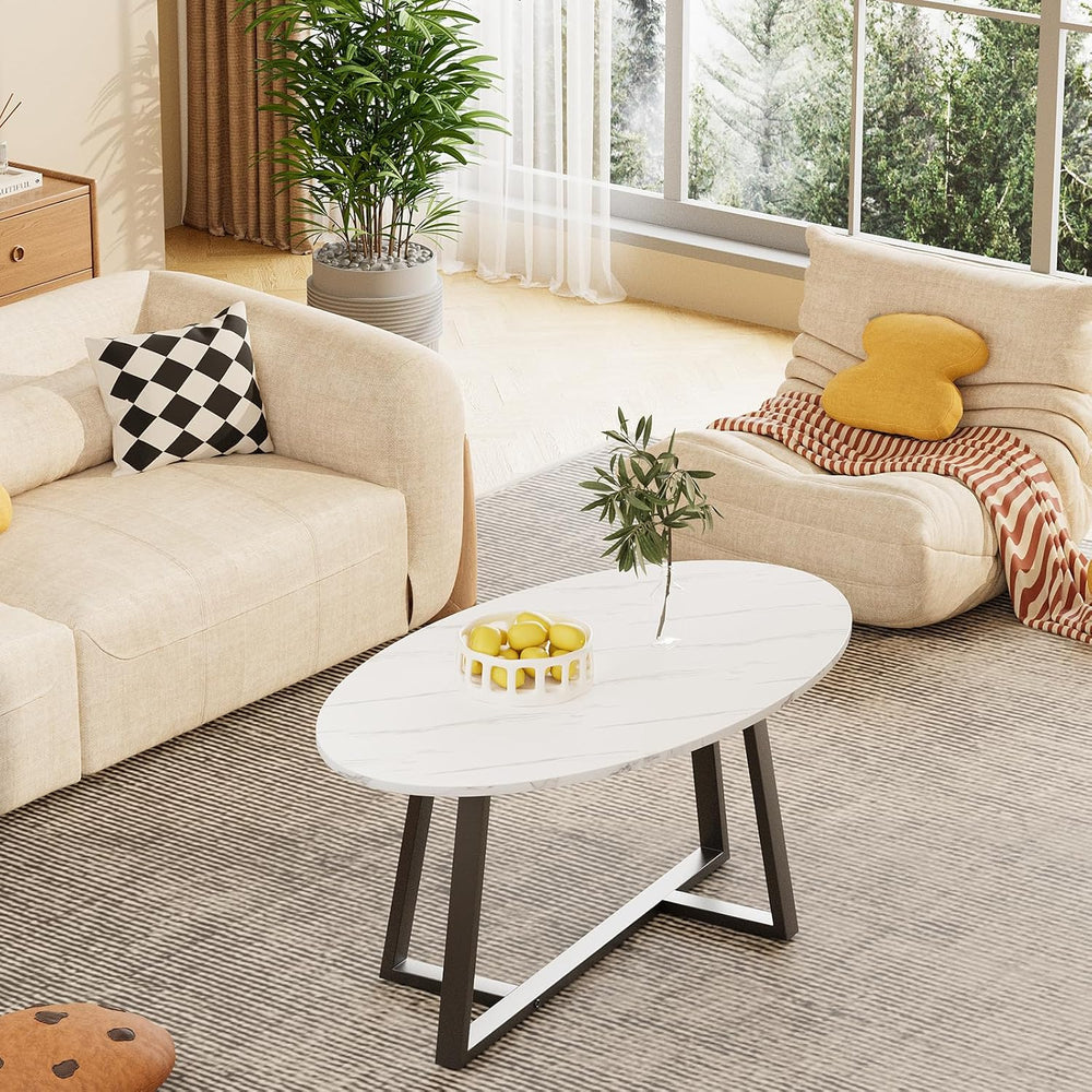 Wolawu Coffee Table Small Oval Table,White Faux Marble Table for Living Room,...