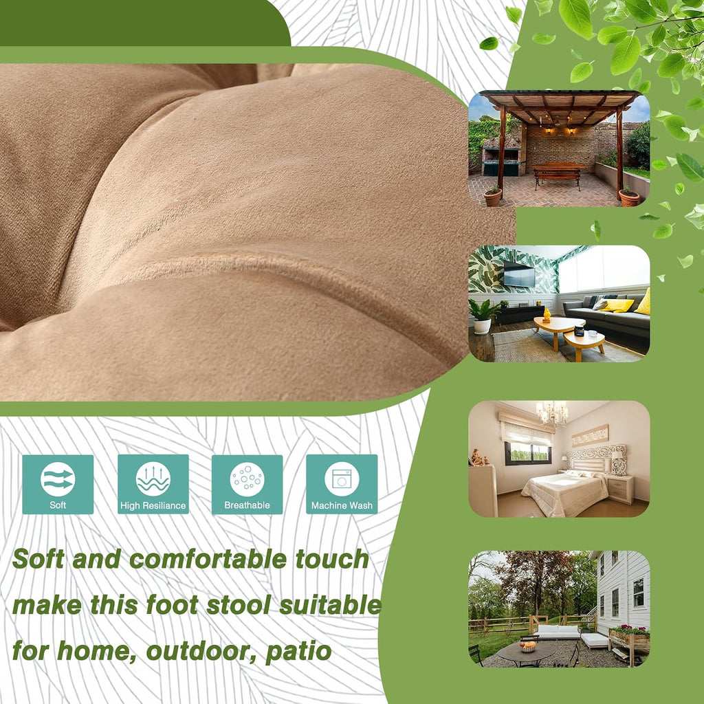 15" Upholstered Folding Foot Rest Stool with Foldable Metal Frame Khaki