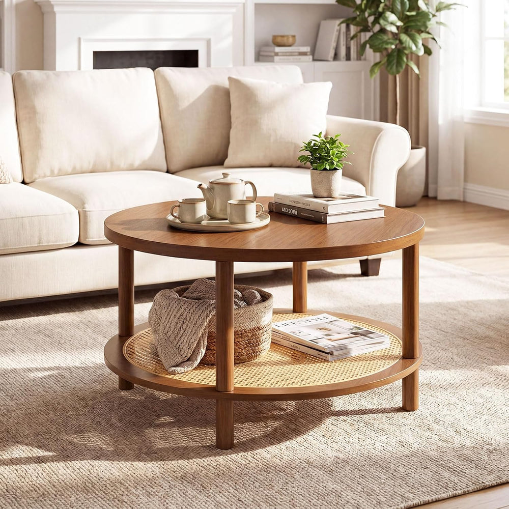 GIANTEX Rattan Coffee Table, 31.5" Round Center Table with Storage &...