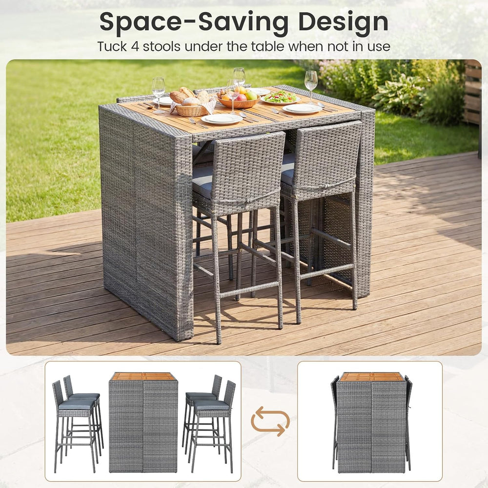 RELAX4LIFE 5-Piece Outdoor Bar Set - Wicker Rattan Bar Height Dining Table