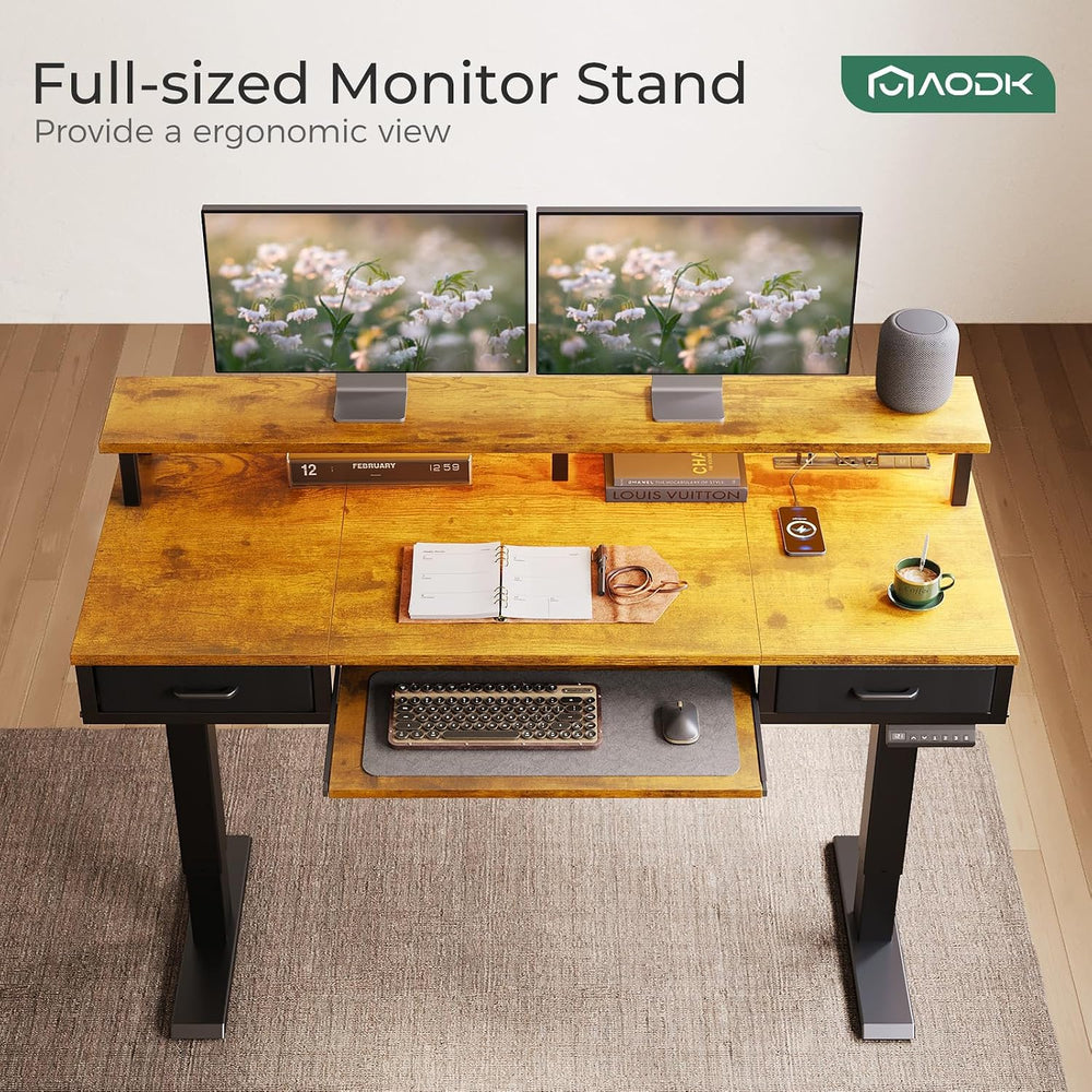 AODK 55 Inch Standing Desk with Drawers & Keyboard Tray, Rustic Brown