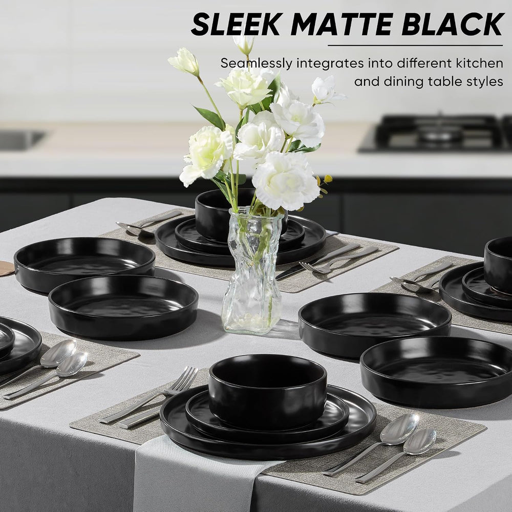 E-far Black Plates and Bowls Sets, 8-Piece Stoneware Dinnerware Set for 2