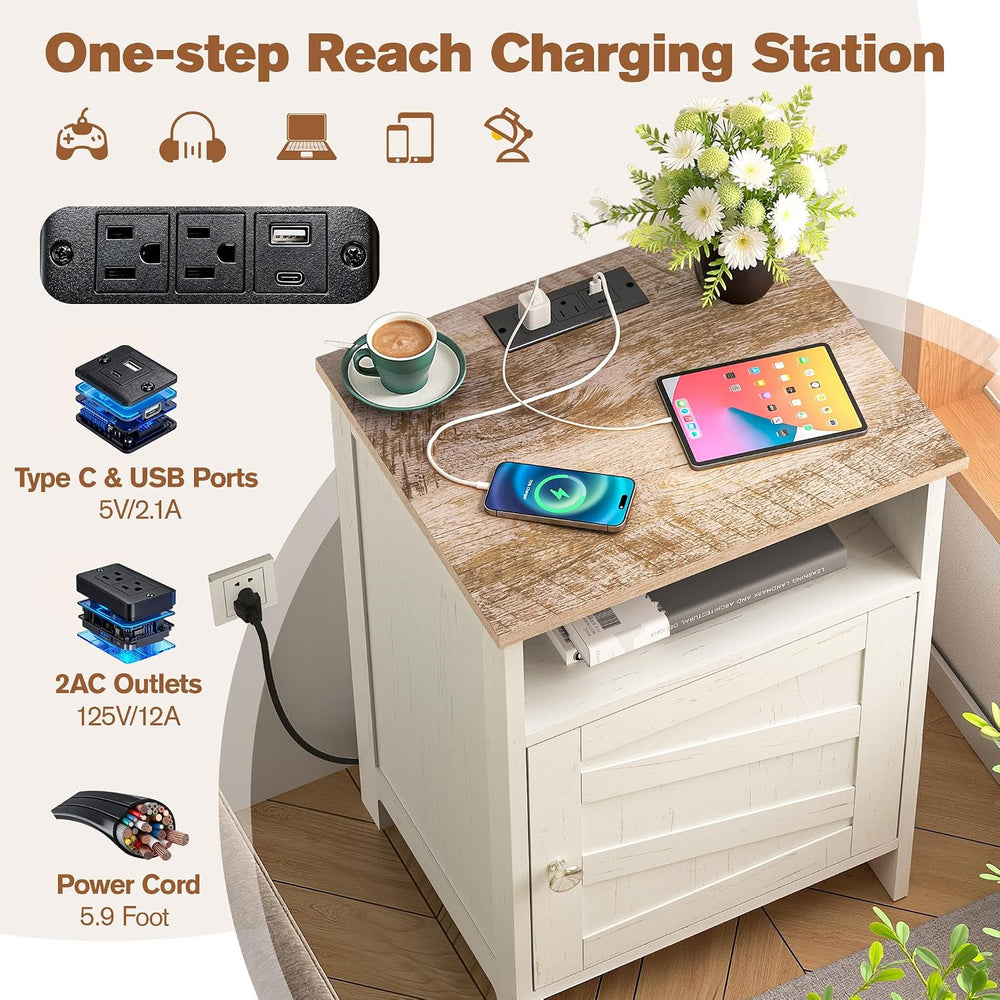 Nightstand with Charging Station, Farmhouse Night Stand Bedside Table with Op...