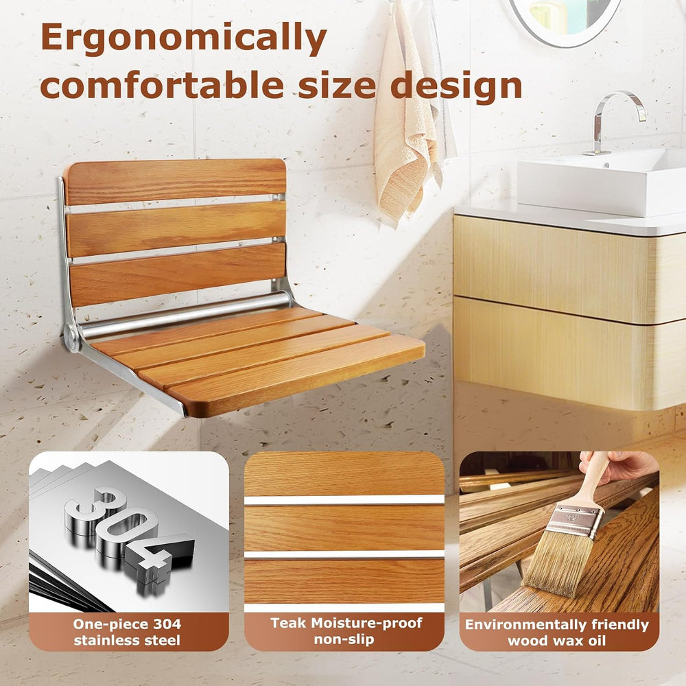 Foldable Shower Seat Wall Mounted 16 in Wide, Teak Bench for Small Shower