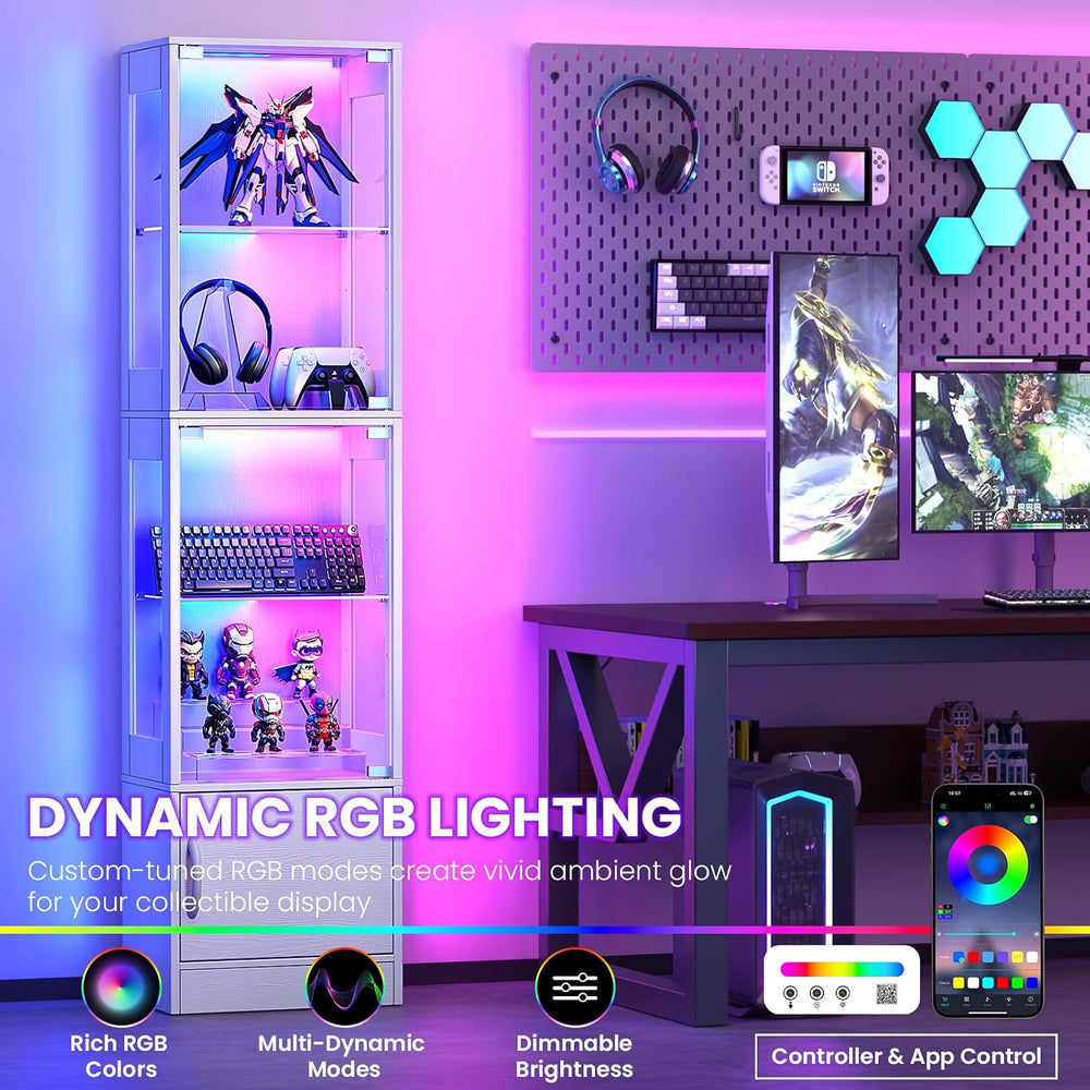 Display Cabinet with Glass Doors, RGB Lighting & Bottom Storage, White