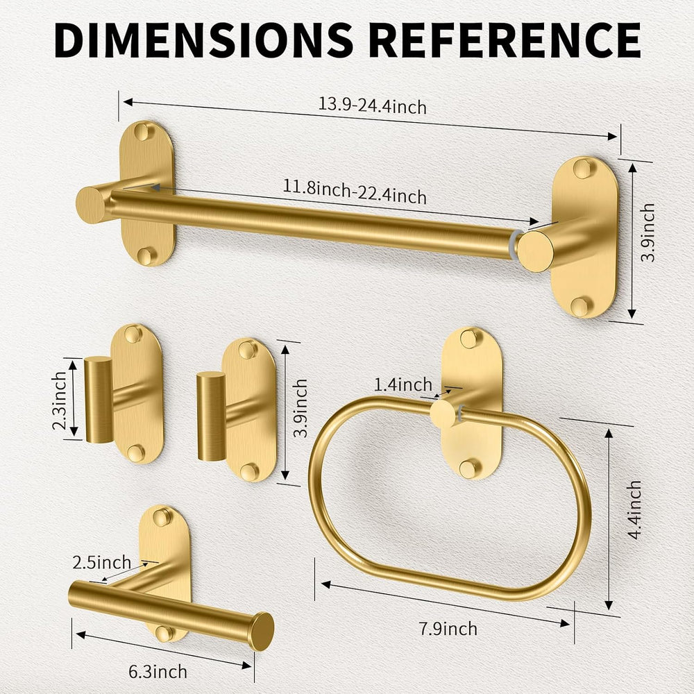 5-Piece Bathroom Hardware Set, Adhesive or Drill Wall Mount, Gold