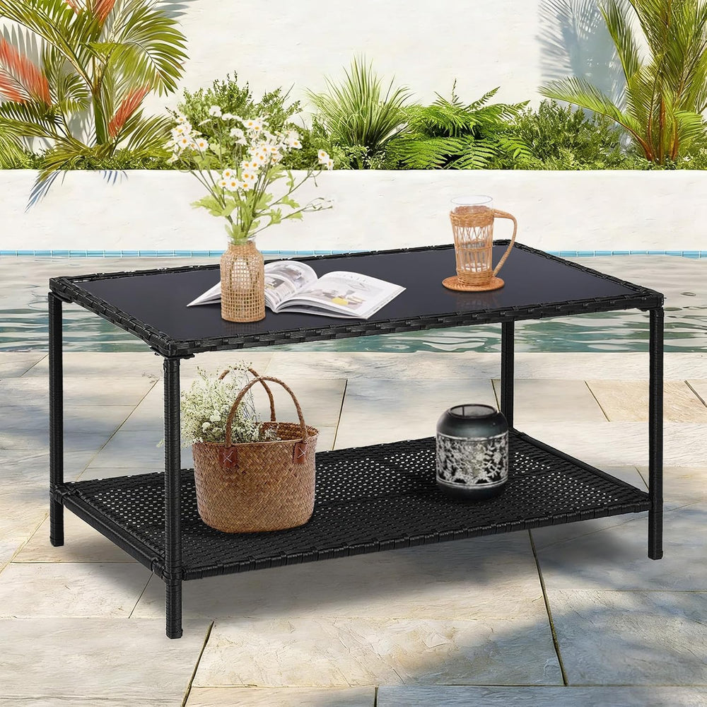 2-Tier All Weather Rattan Wicker Outdoor Coffee Side Table with Glass Top