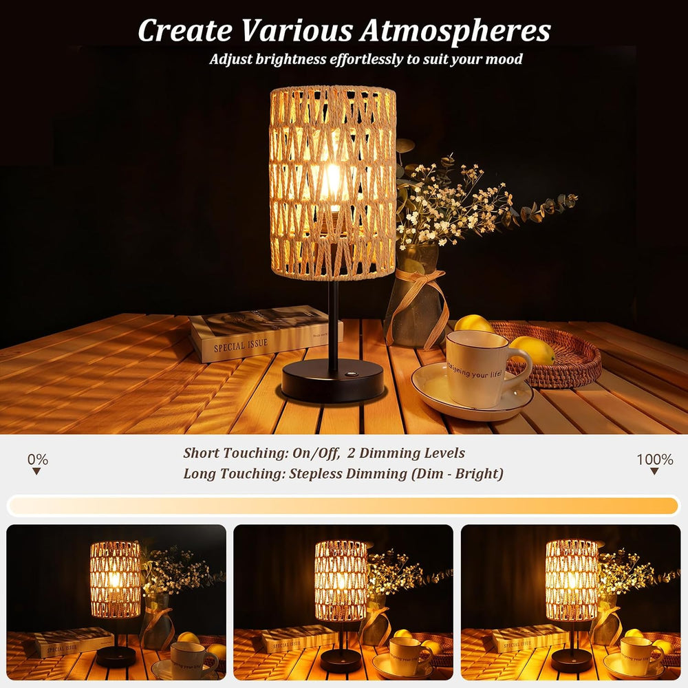 Rechargeable Outdoor Table Lamps, Rattan Boho Cordless Battery Operated Table...