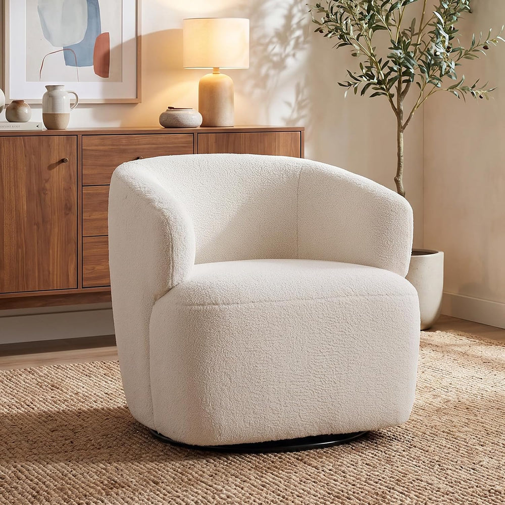 SOFTHION Swivel Accent Chair, Sherpa Teddy Barrel Chair, Beige Cream White