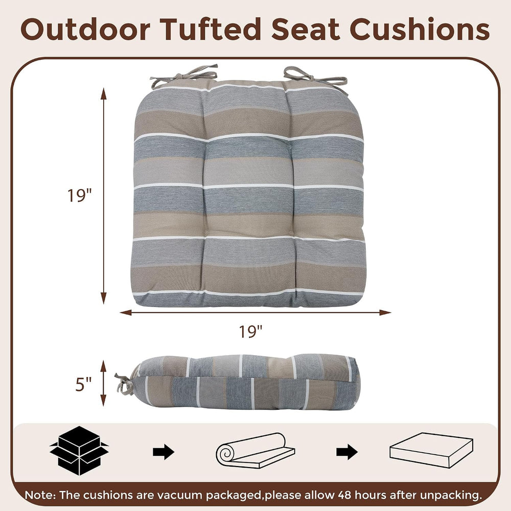 Indoor/Outdoor Tufted Seat Cushions Set of 2, 19x19x5 Inch-Grey Stripe