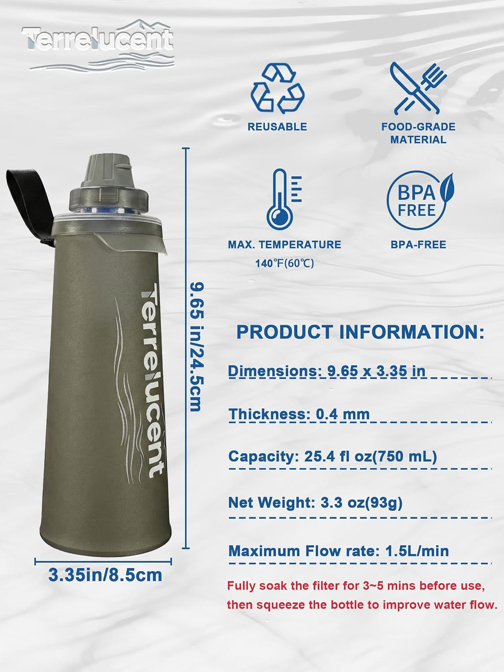 Collapsible Water Bottle with Filter, 25.4oz/750mL, BPA-Free Gray TPU