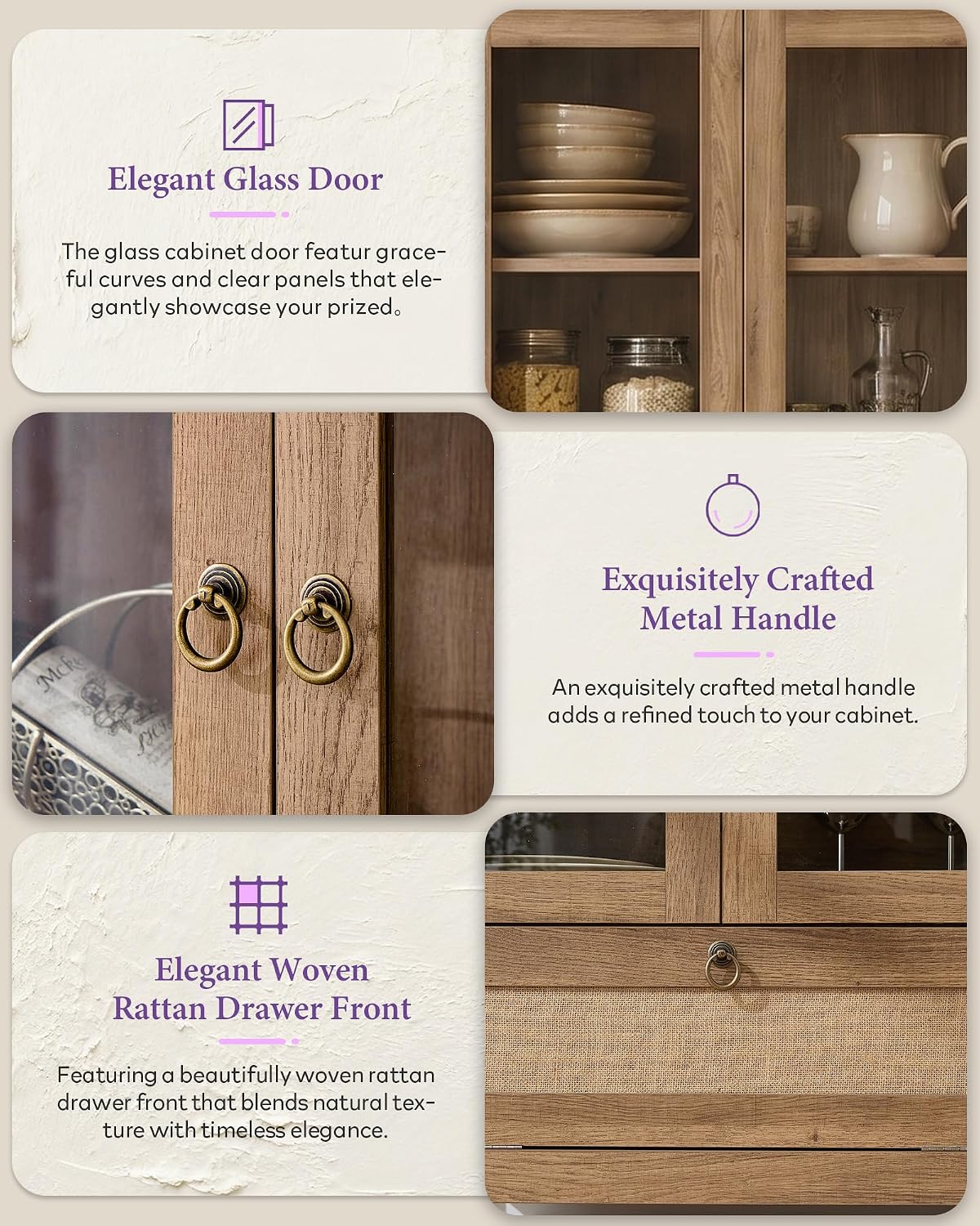 TYBOATLE 75'' Arched Cabinet Classic Farmhouse Design w/Three Glass Doors, Arch Cabinet w/Rattan Drawers and Anti-Tipping Device, Versatile Cupboard for Kitchen, Bathroom, Natural